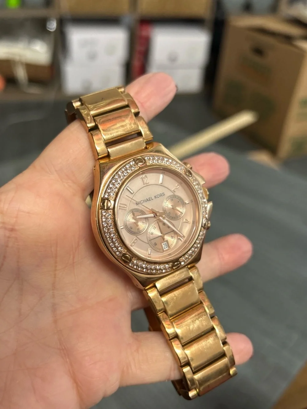 Michael Kors Rose Gold Tone Crystal Bezel Women's Chronograph Watch